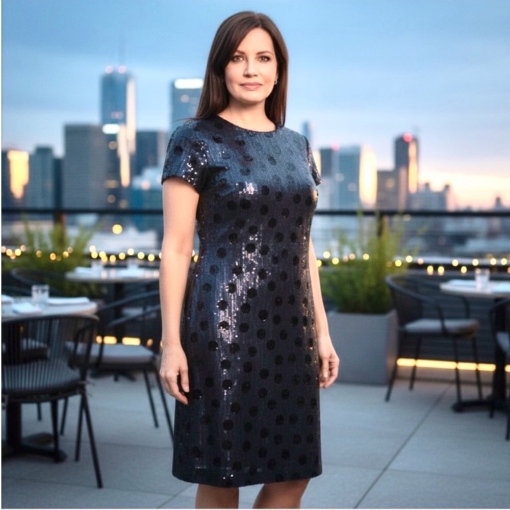 Lauren Ralph Lauren blue sequin Dress Black polka dot details SIZE 8 - Picture 1 of 16